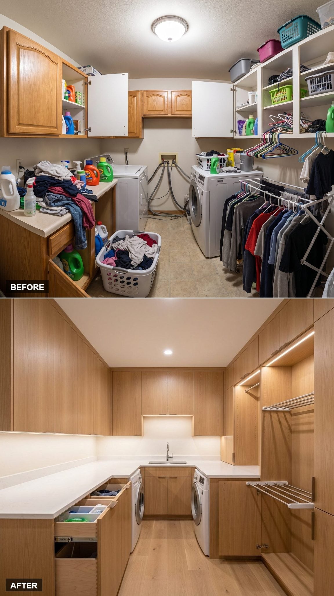 Natural Oak Slab Cabinetry Gave This Laundry Room a Furniture-Quality Finish