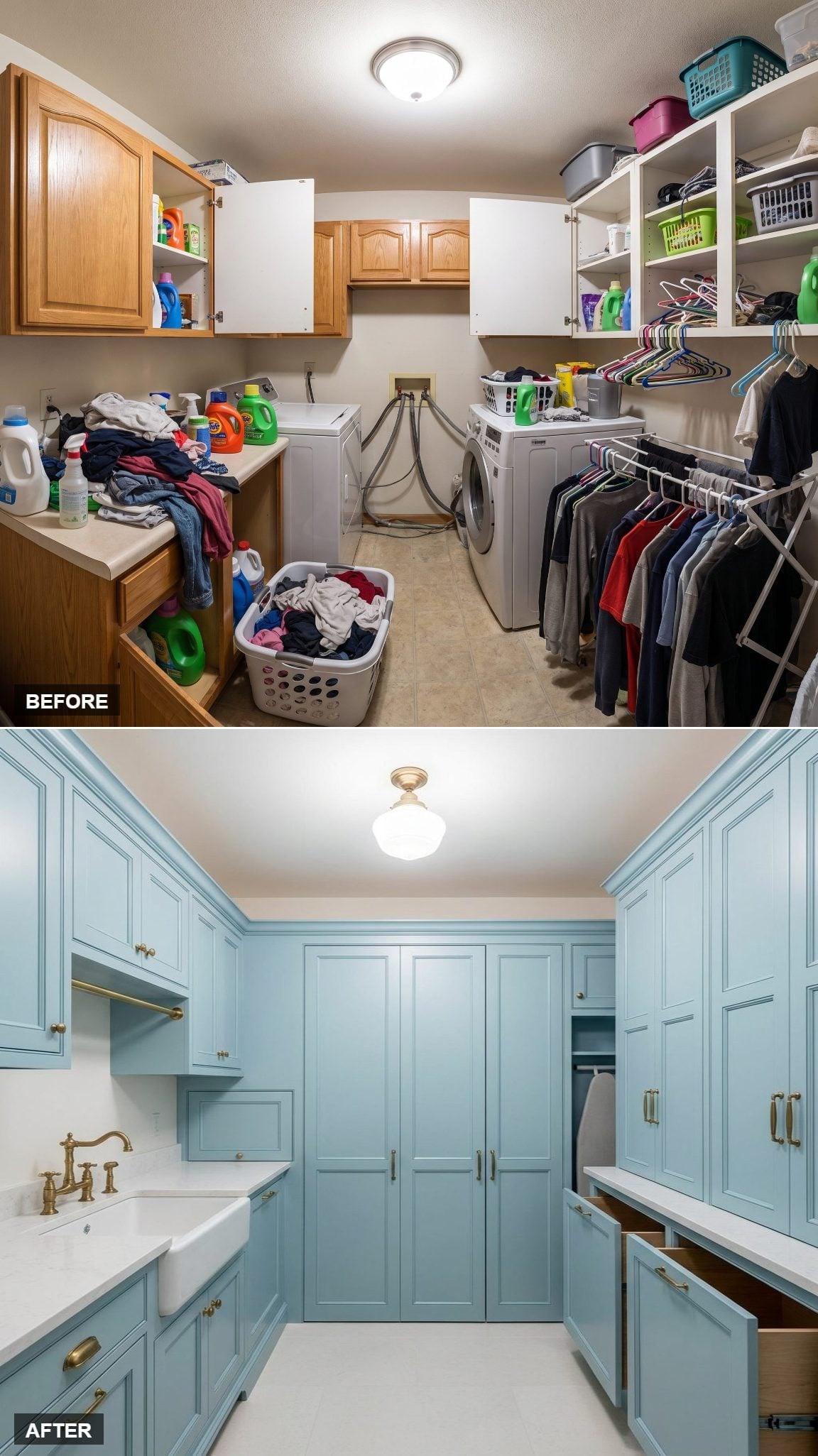 Powder-Blue Raised-Panel Cabinetry and Brass Hardware Turned This Laundry Room Into Something Worth Showing Off