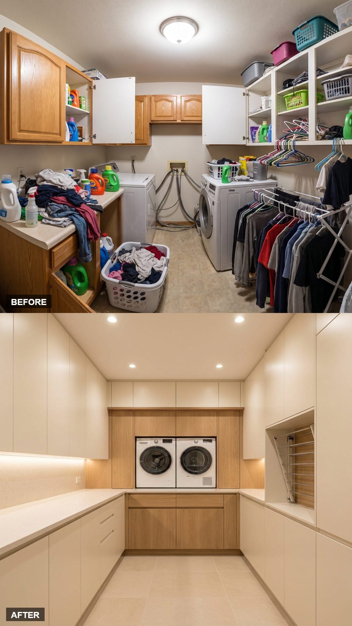 Rift-Cut Oak Accents and a Wall-Mounted Drying Rack Gave This Laundry Room Nowhere to Hide Clutter