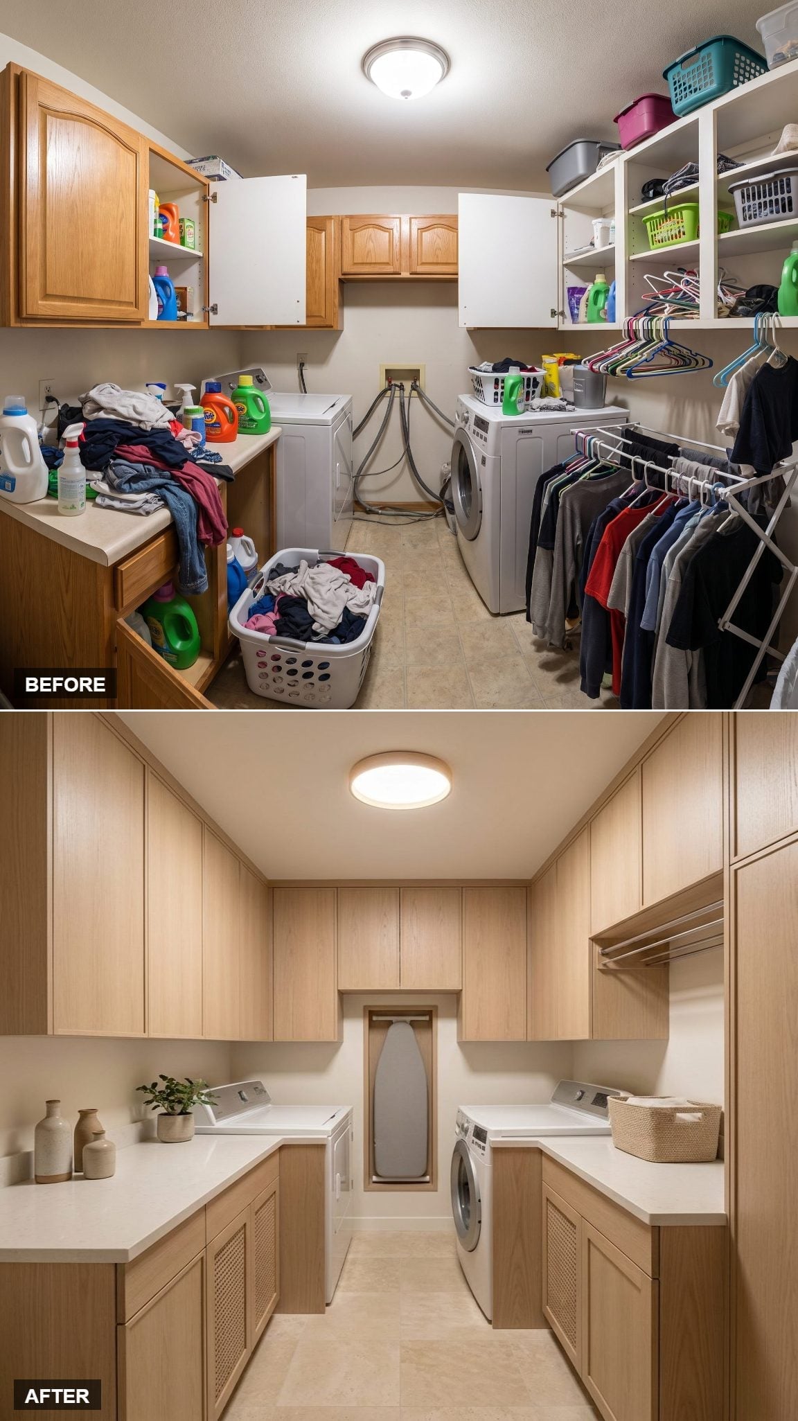 Rift-Cut Oak Cabinetry and a Built-In Ironing Board Made This Laundry Room Work Harder