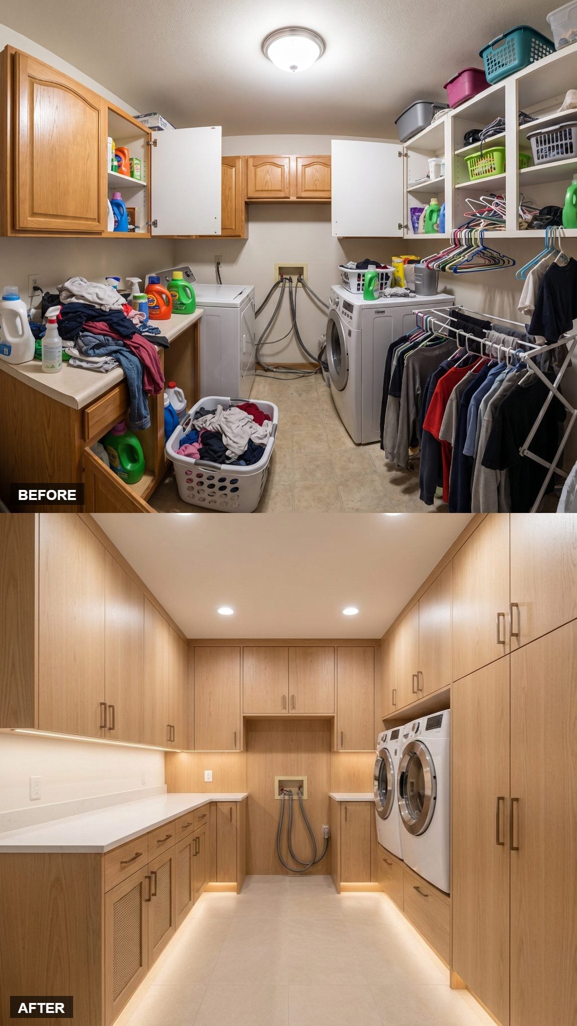Rift-Sawn Oak Cabinetry Floor-to-Ceiling Made This Laundry Room Impossible to Mess Up