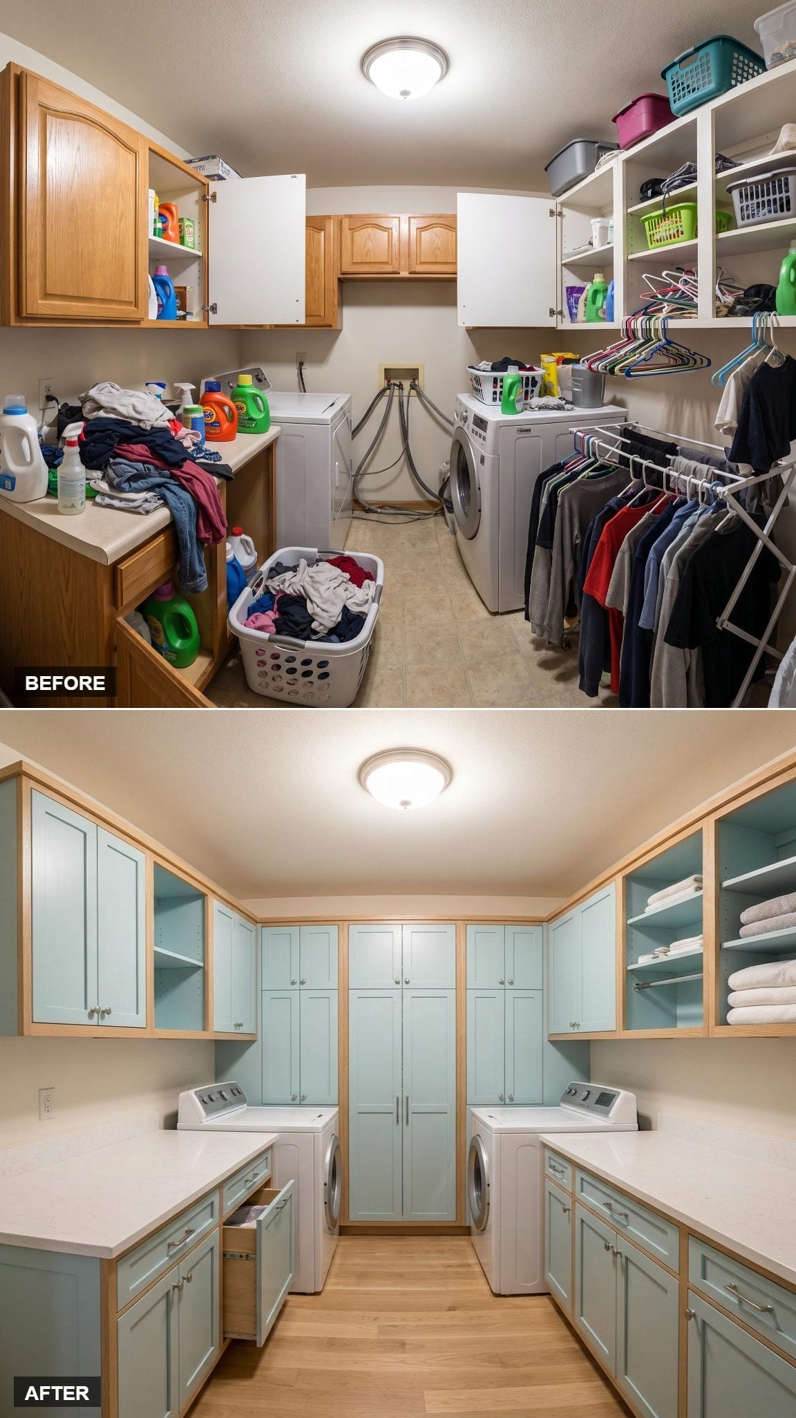 Sage Blue Shaker Cabinetry and Natural Wood Trim Gave This Laundry Room Serious Staying Power