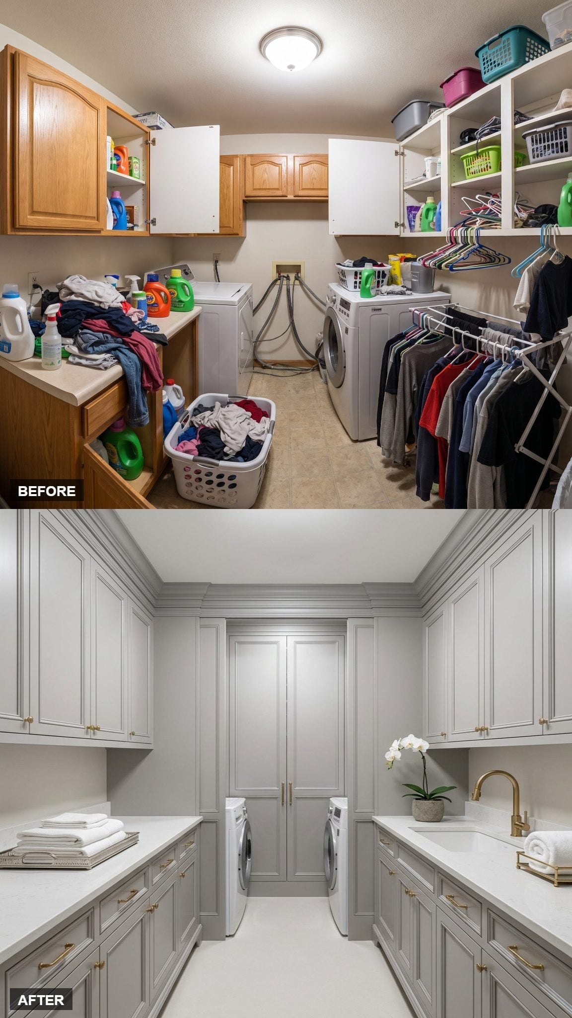 Sage Gray Raised-Panel Cabinetry and Brass Hardware Closed the Book on Chaos