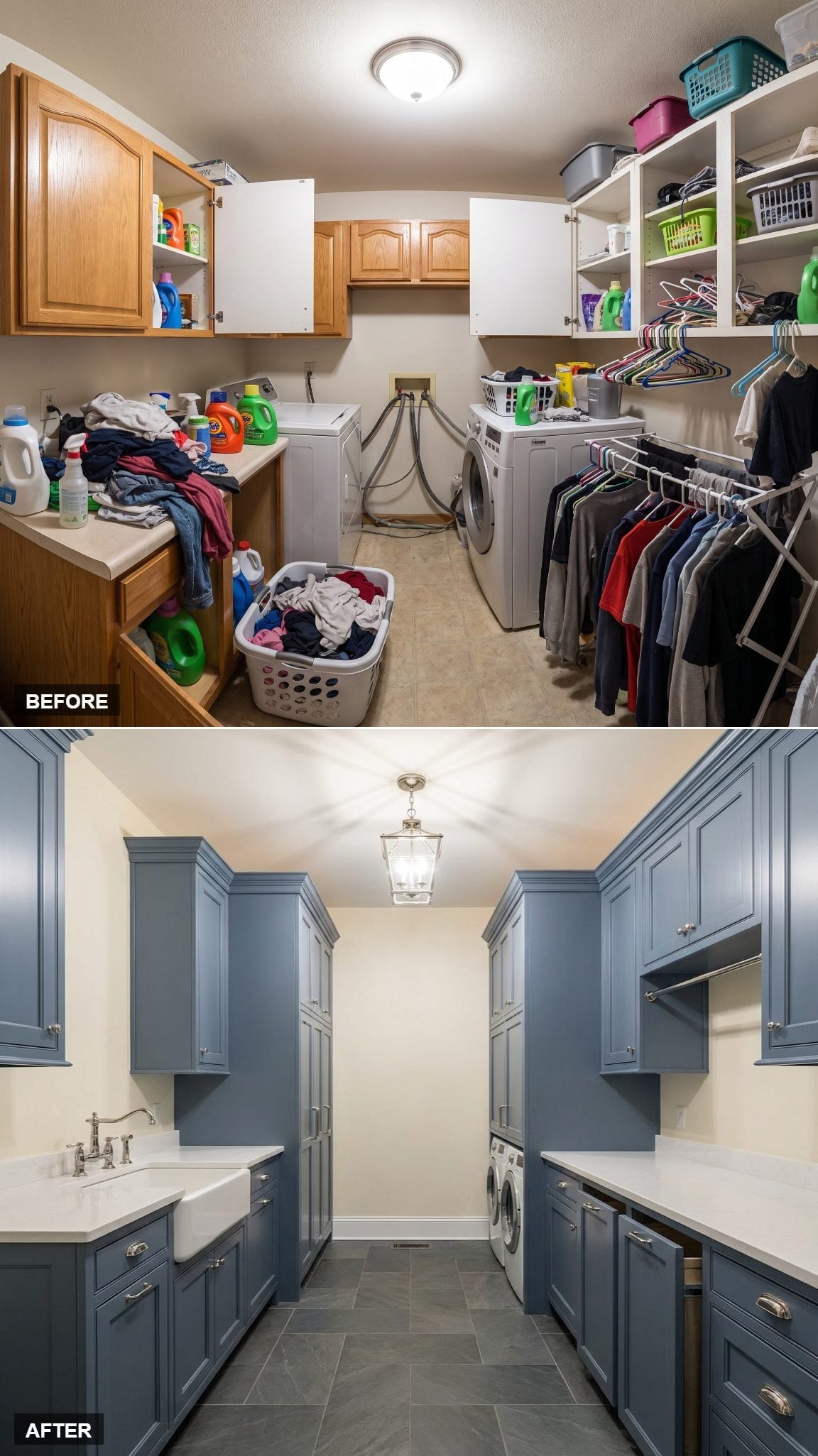 Steel-Blue Shaker Cabinetry and a Lantern Pendant Gave This Laundry Room Serious Composure