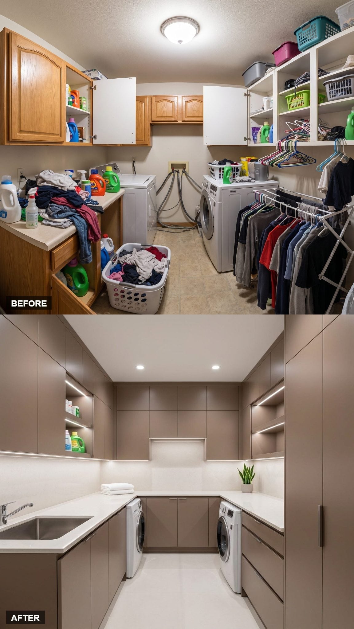 Taupe Slab Cabinetry and LED Shelf Lighting Made This Laundry Room Look Expensive