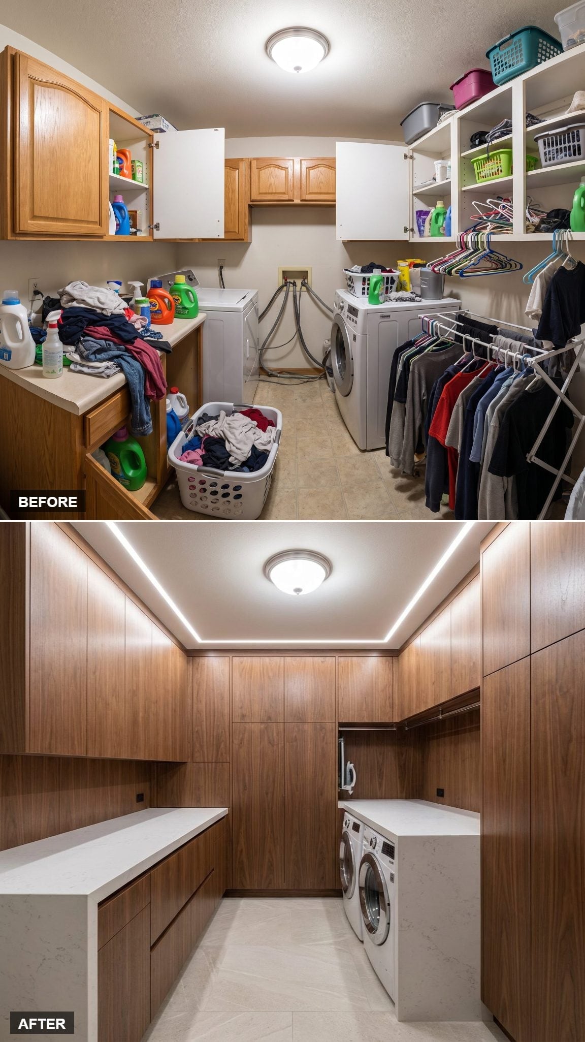 Walnut Slab Cabinetry and LED Cove Lighting Gave This Laundry Room a Serious Identity