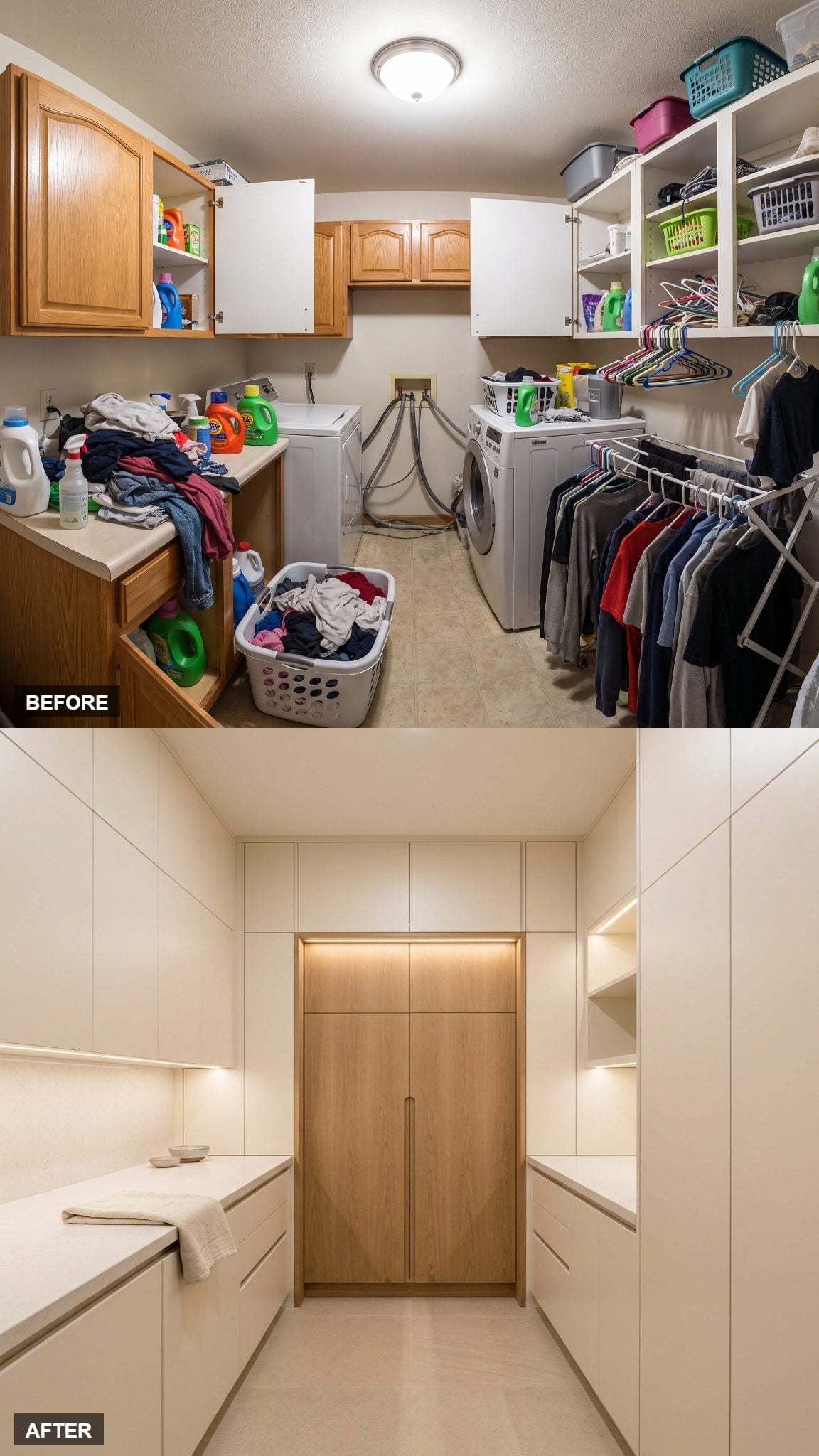 Warm Oak Doors and Floor-to-Ceiling White Cabinetry Buried Every Trace of Chaos