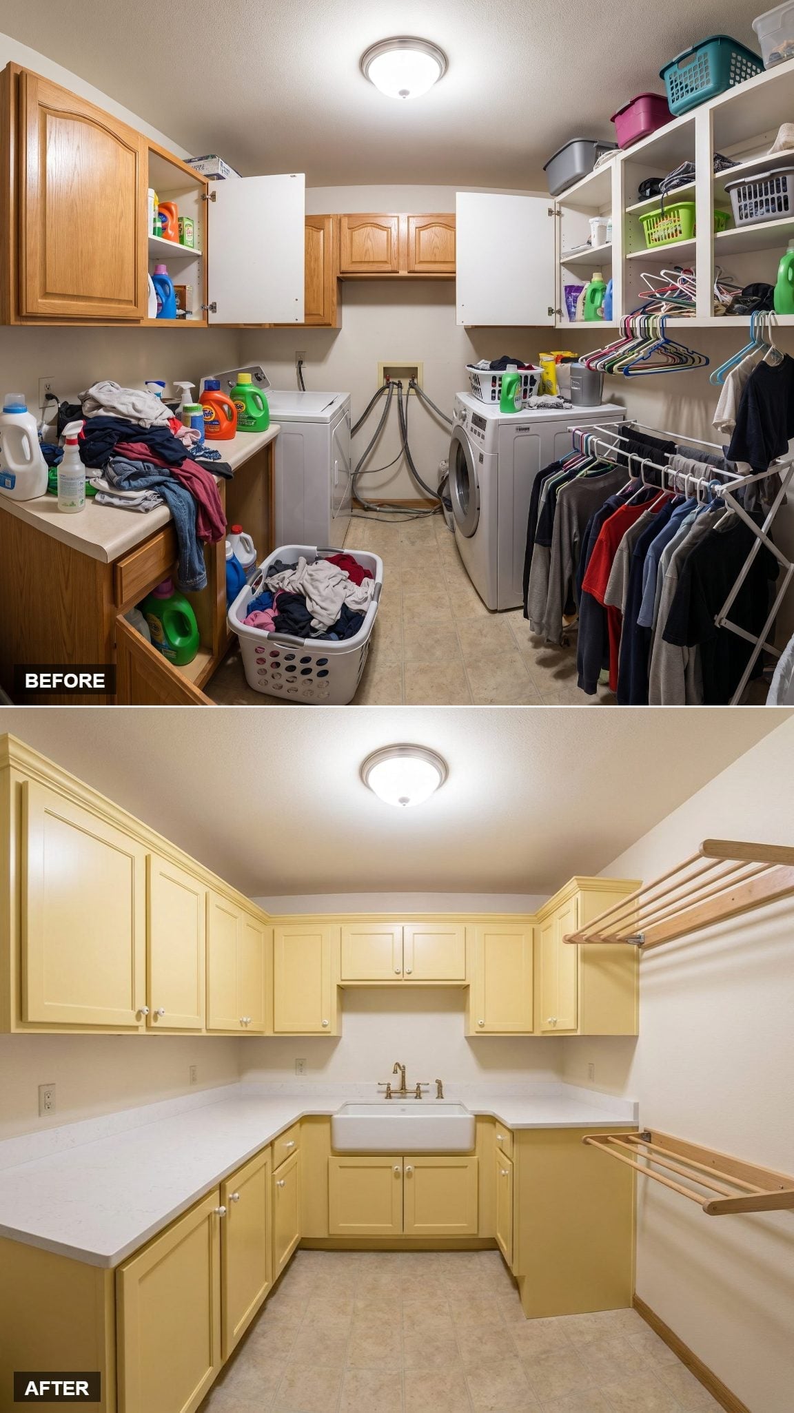 Yellow Shaker Cabinetry and a Farmhouse Sink Gave This Laundry Room Real Character