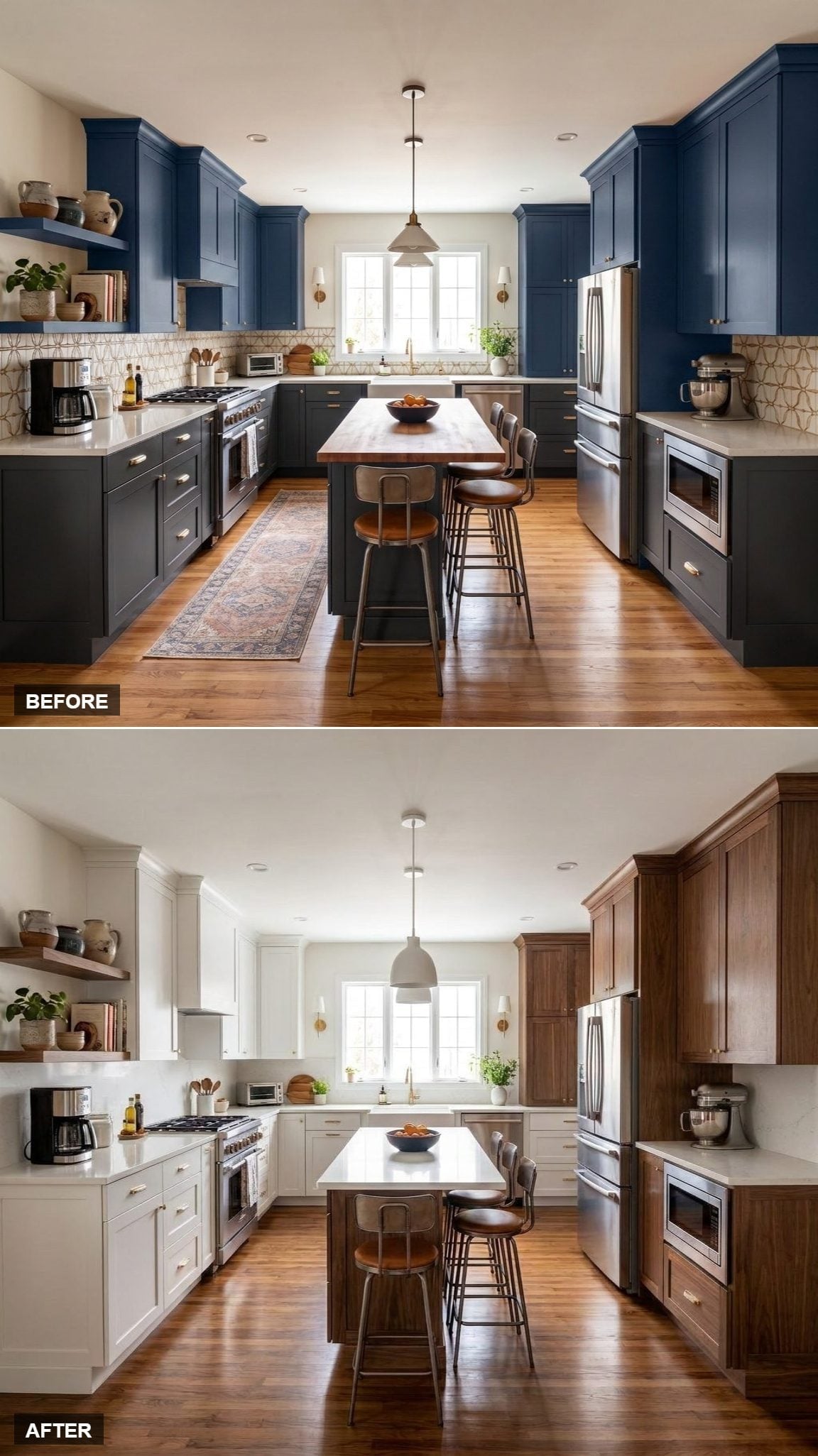 Lower Cabinets in Walnut, Uppers in White, and a Kitchen That Doesn't Need to Prove Anything