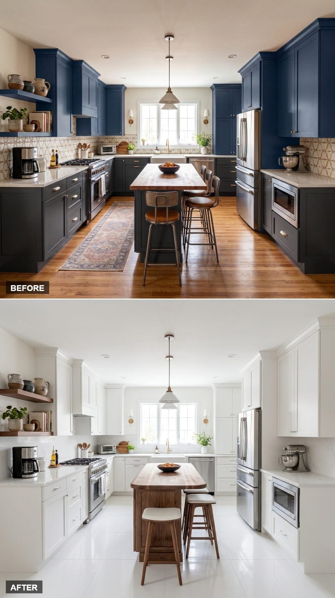 Painted White Perimeter, Walnut Island Stools, and a Kitchen Built Around Restraint