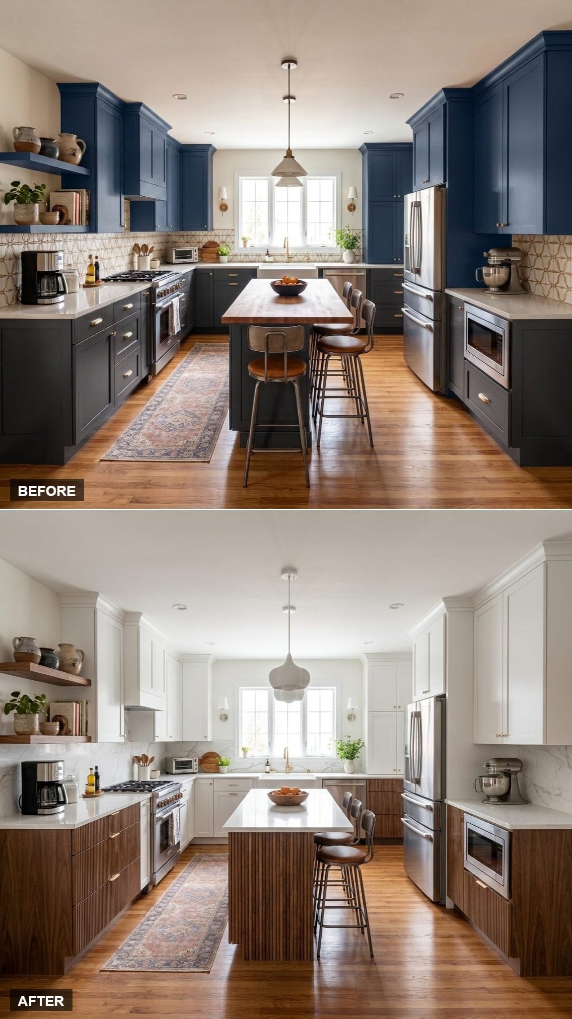 Reeded Walnut Lowers, Marble Island Top, and a Kitchen That Earned Its Calm