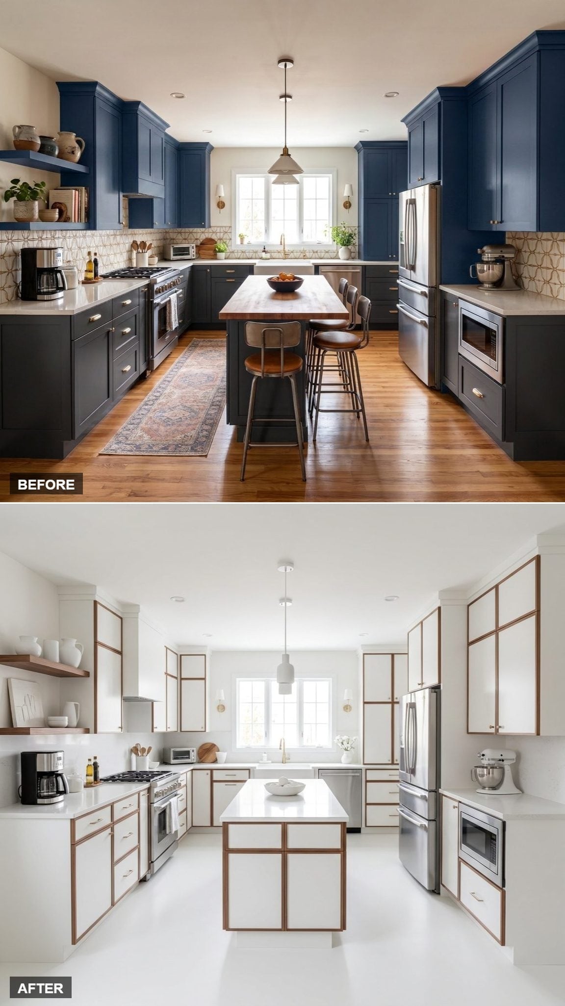 Walnut-Framed White Cabinets, Concrete-Bright Counters, and a Kitchen That Chose Clarity