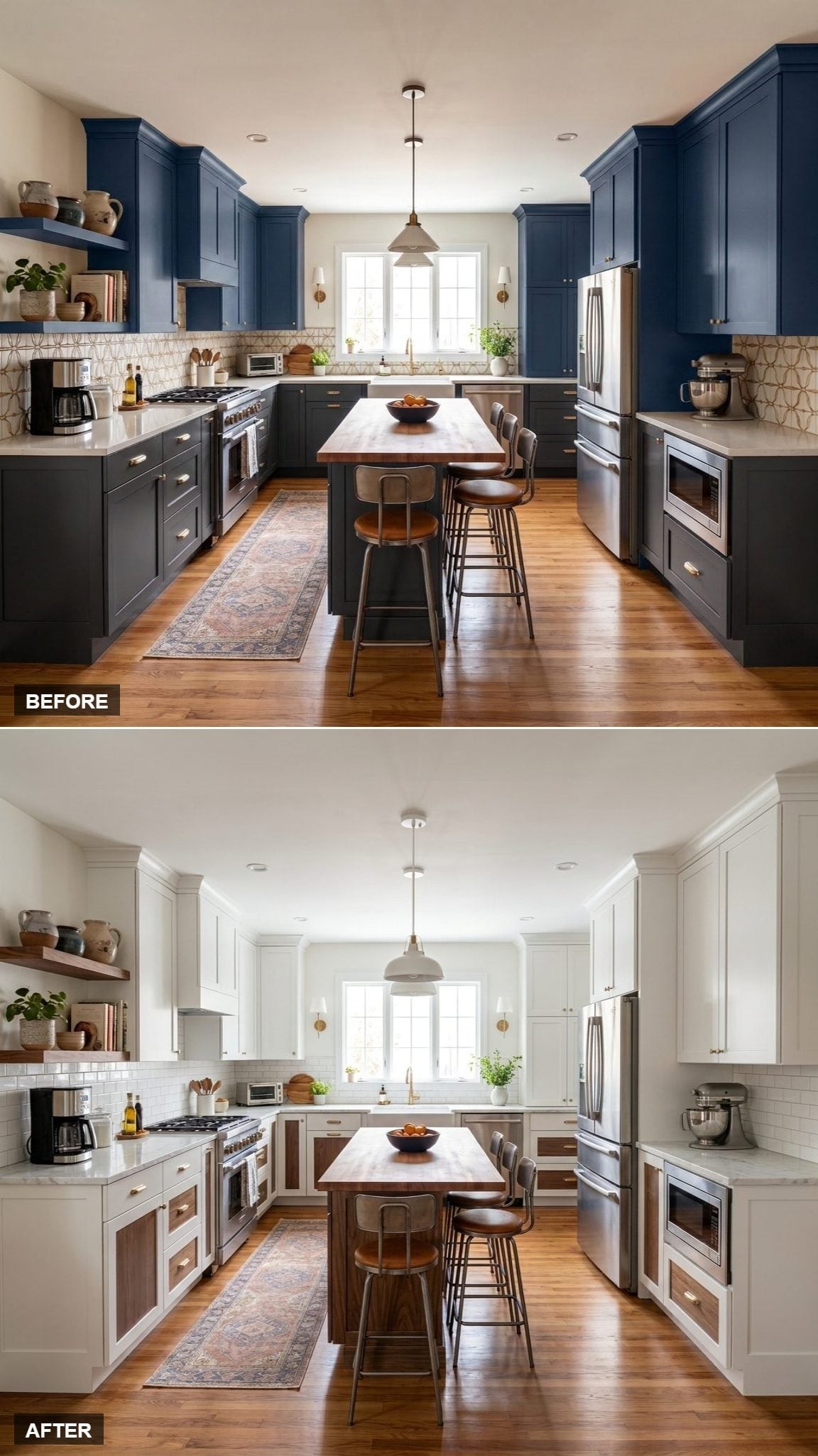 White and Walnut Split the Cabinets, but the Kitchen Reads as One Thing