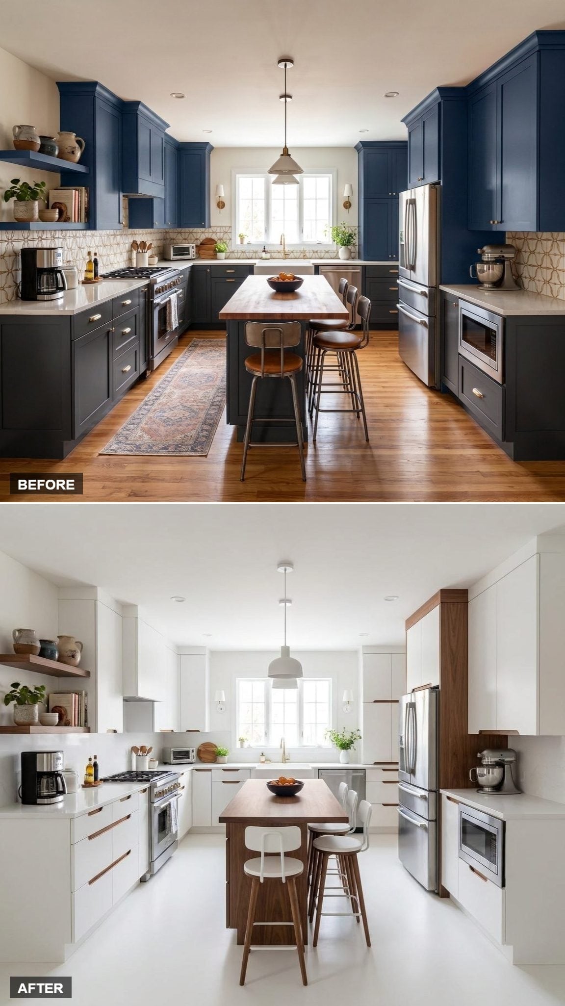 White Flat-Fronts, Walnut Accents, and Stools That Earned Their Spot