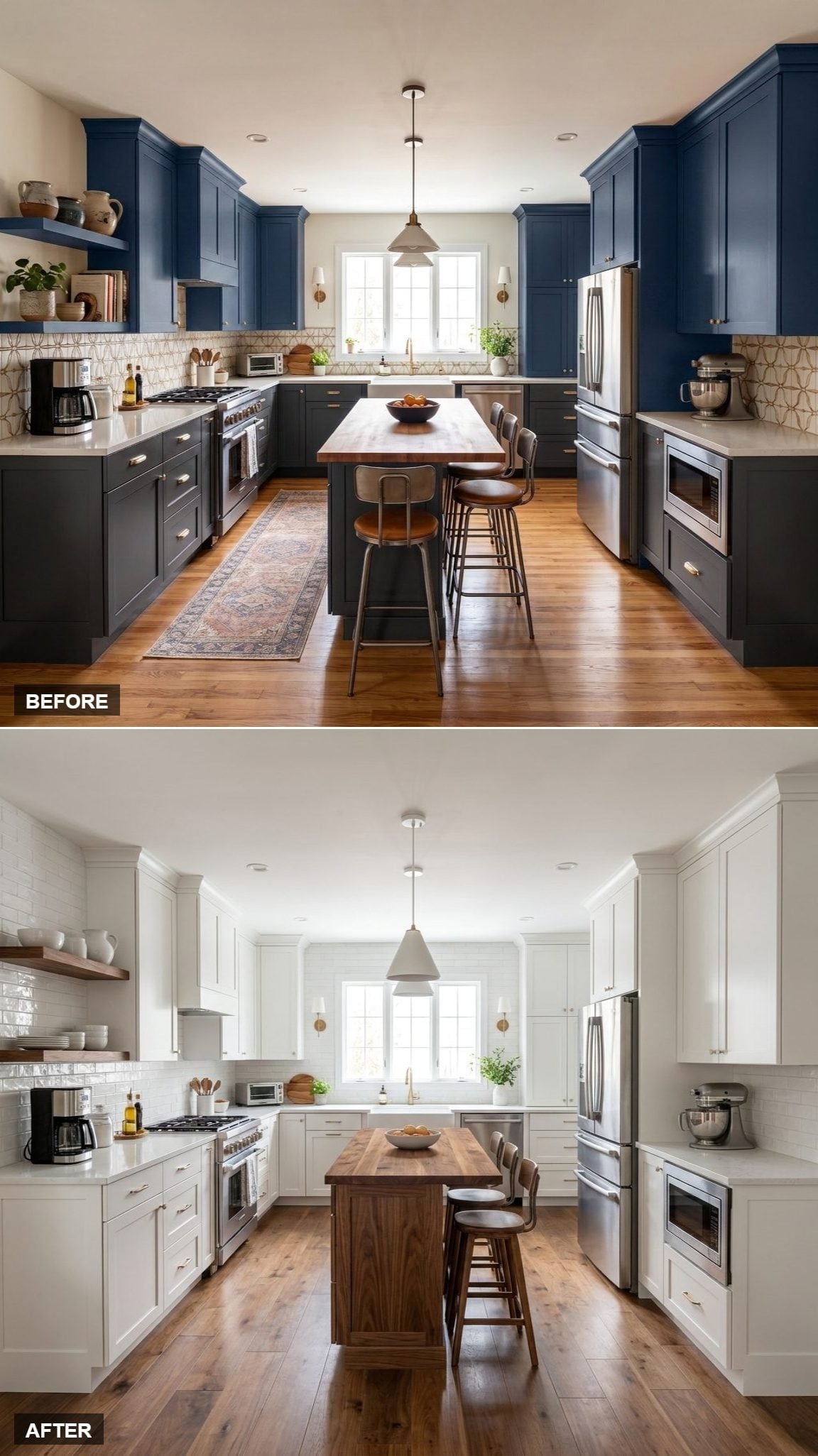 White Shaker Cabinets, Butcher Block Island, and Nothing Fighting for Attention