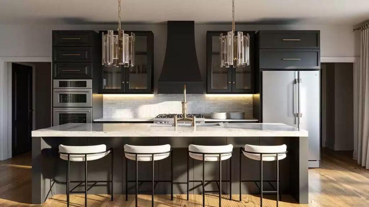 Marble Island, Dark Cabinets, and Four Stools That Mean Business