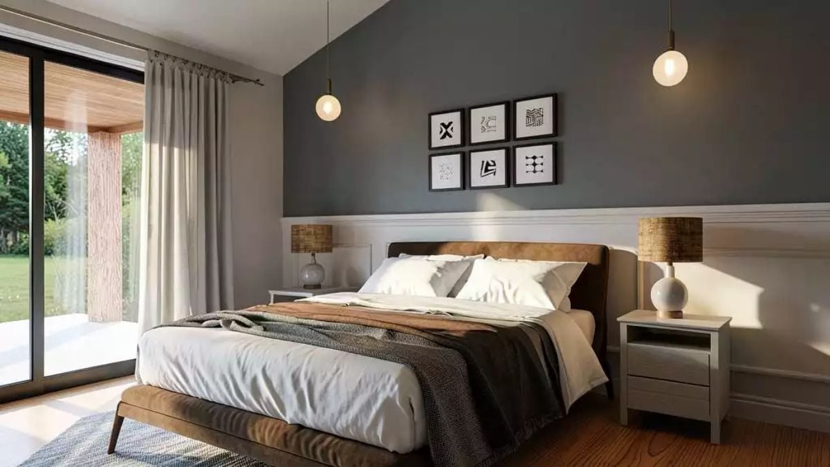 Pendant Globes and a Brown Suede Headboard That Pull the Room Together