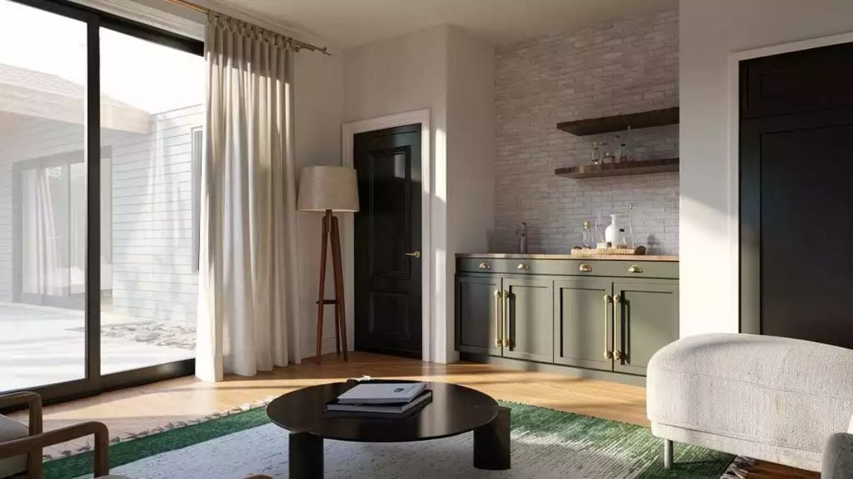 Sage Cabinets and Brass Hardware That Make a Wet Bar Worth Having