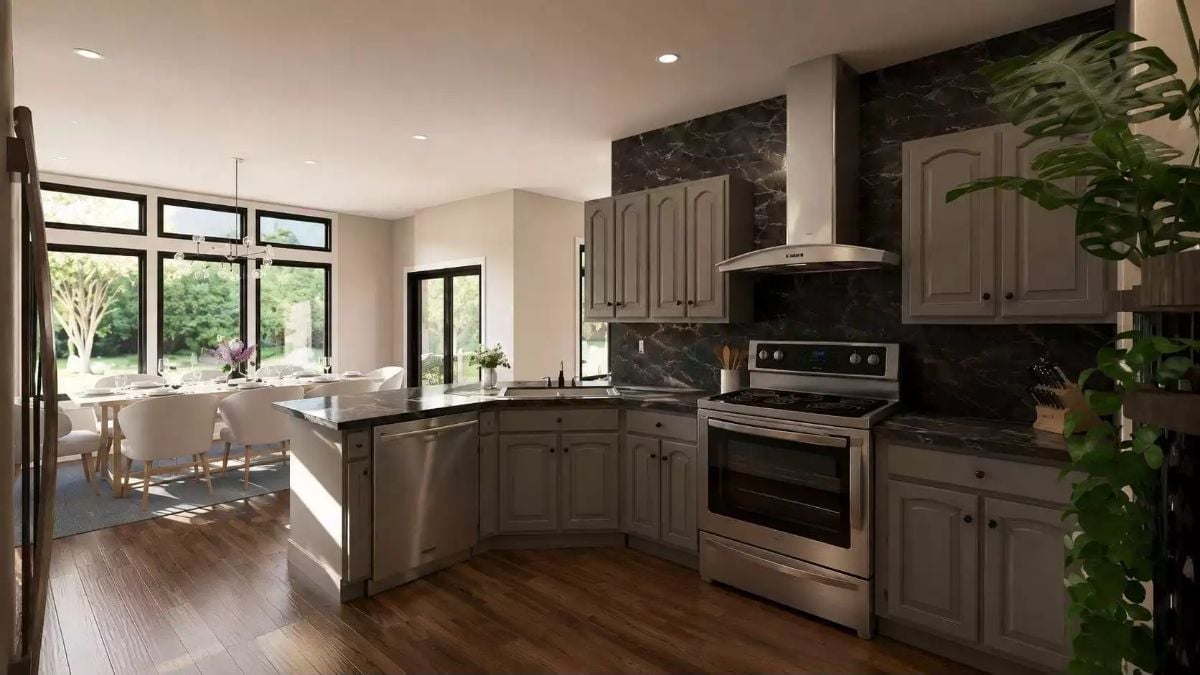 Dark Marble Backsplash, Gray Cabinets, and a Range Hood That Means Business