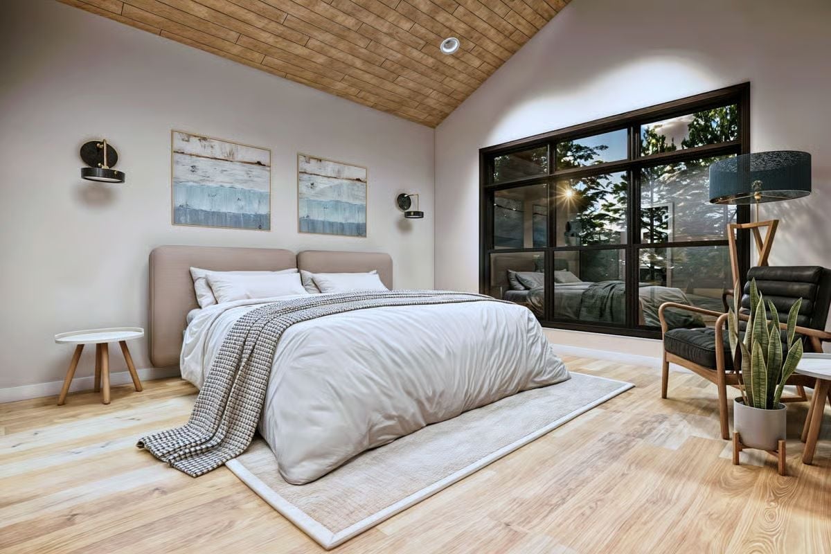 Vaulted Wood Ceiling Pulls This Bedroom Away From Every Safe Design Choice