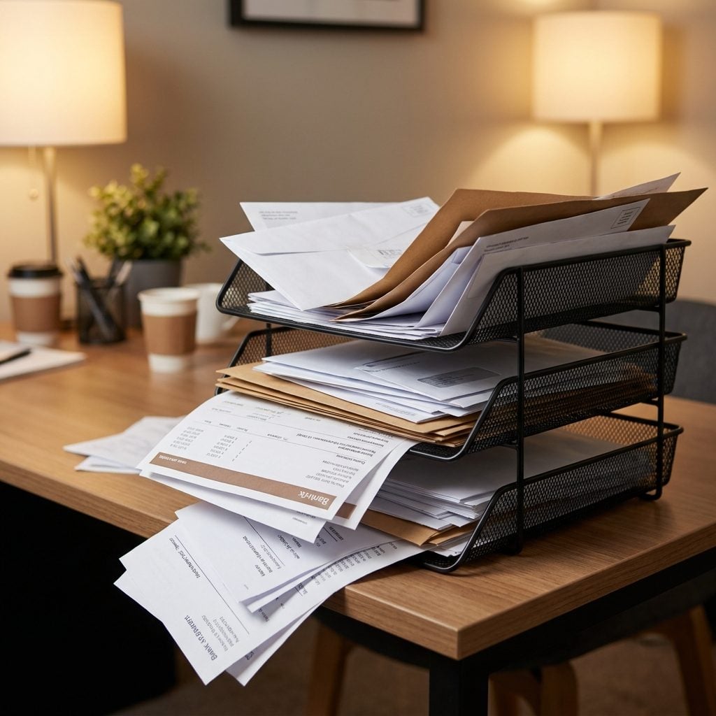 Bills and Bank Statements Stacked in Wire In-Trays