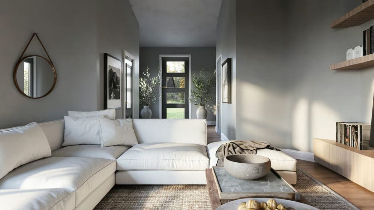 Sunlight Does the Decorating in This Gray-Walled Living Room
