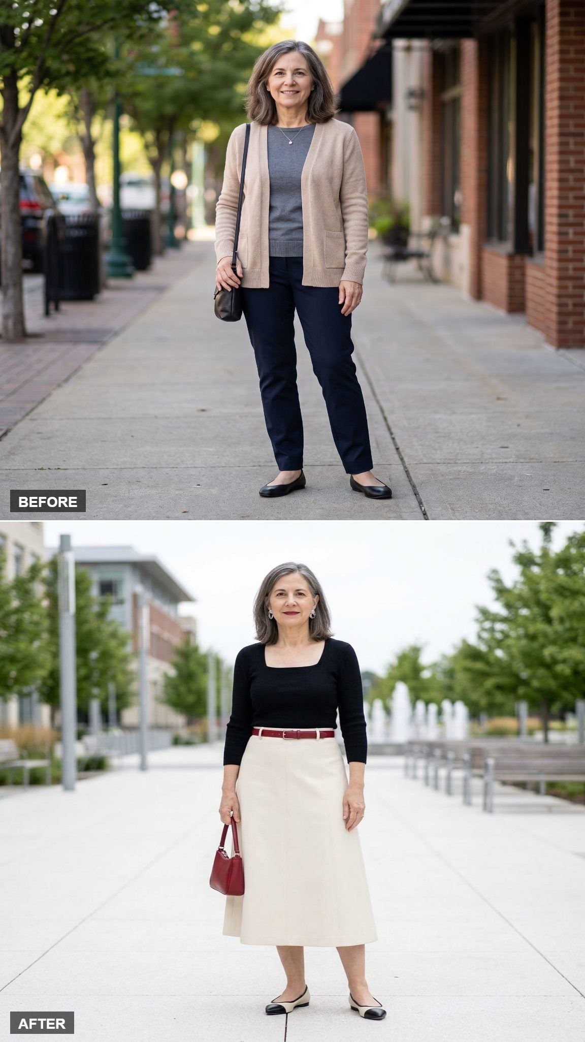 Black Knit, Cream Midi Skirt, and That Cherry-Red Belt in the Civic Plaza