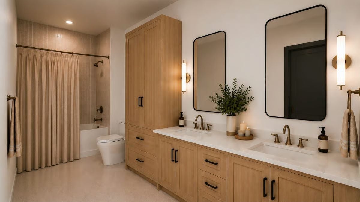 Double Vanity With Cabinet Tower Proves Storage Doesn't Have to Hide