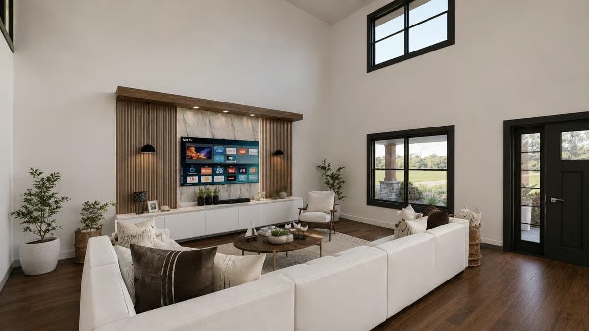 Fluted Wood Panels and Marble Make the TV Wall Earn Its Keep