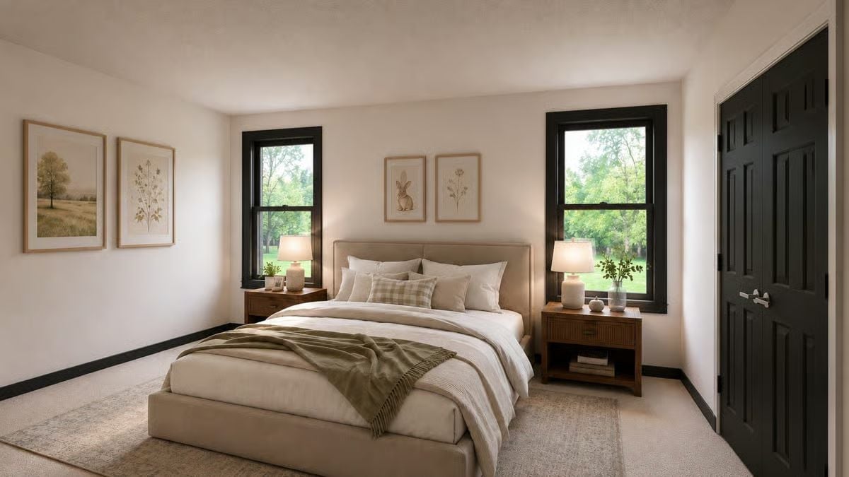 Sage Throw, Black Window Frames, and a Bedroom That Knows How to Rest