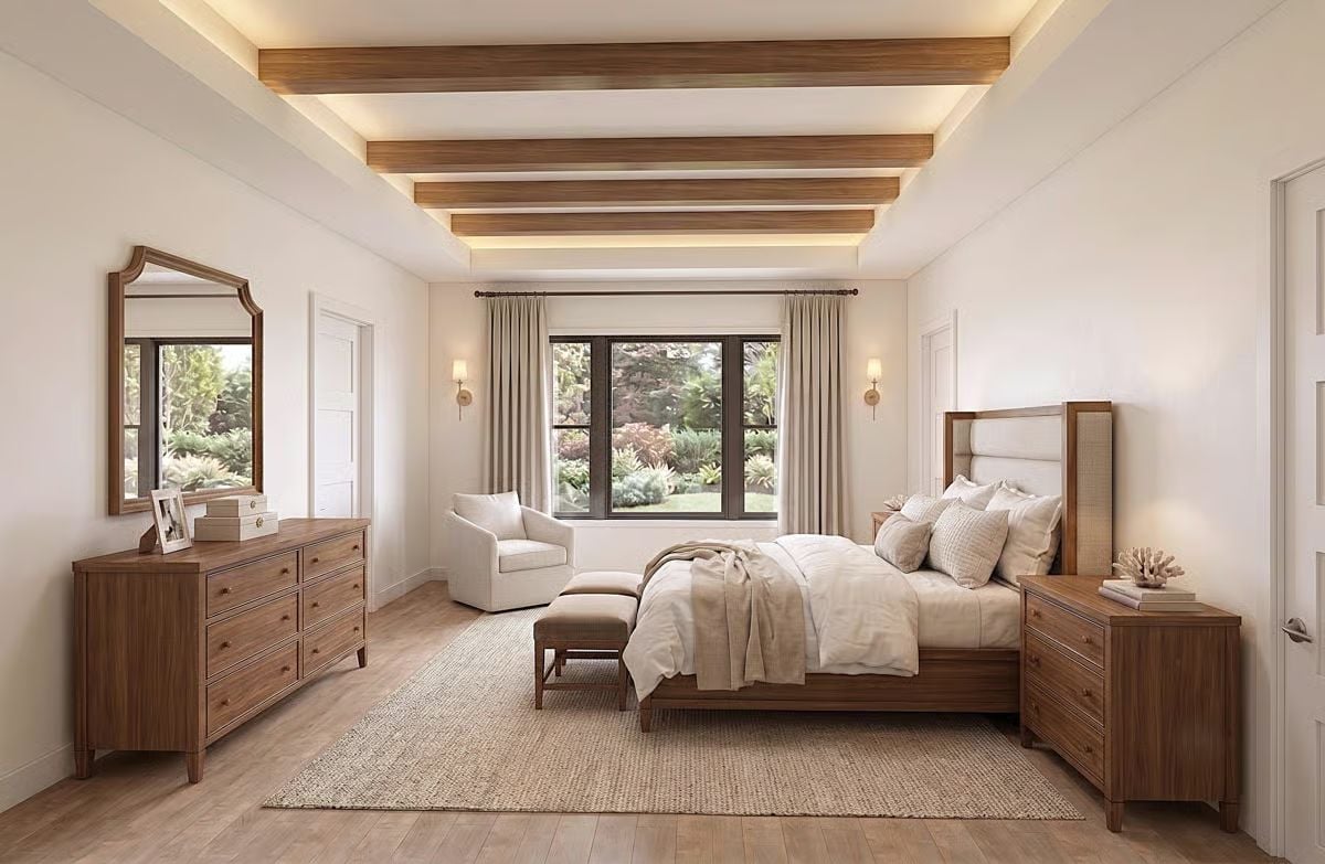 Ceiling Beams With Cove Lighting Do the Heavy Lifting in This Master Suite