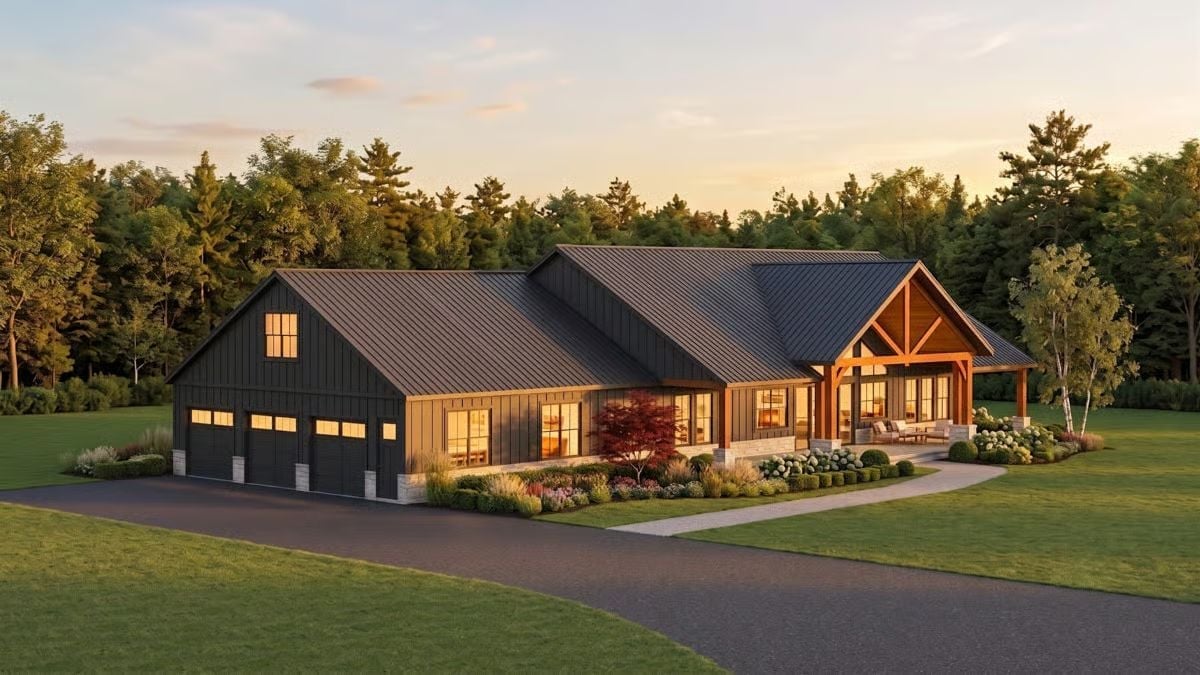 Dark Board-and-Batten Meets Timber Frame Where the Covered Porch Steals the Show