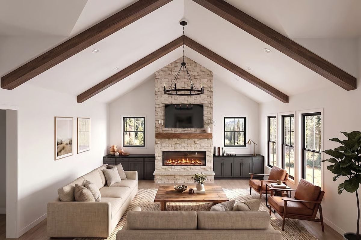 Vaulted Beams and a Stone Fireplace Wall That Earns Every Inch of Attention