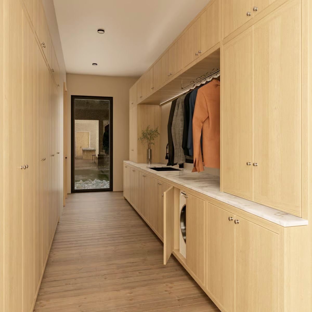 Integrated Laundry, Open Wardrobe, and Marble Counter in One Long Run