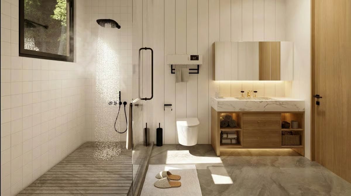Rain Shower, Warm Wood, and a Marble Vanity That Means Business