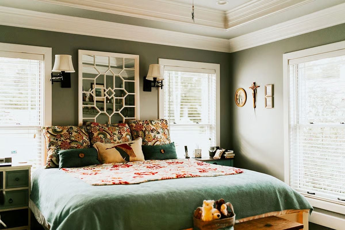 Geometric Mirror Headboard and a Layered Bed That Took Some Patience to Pull Off