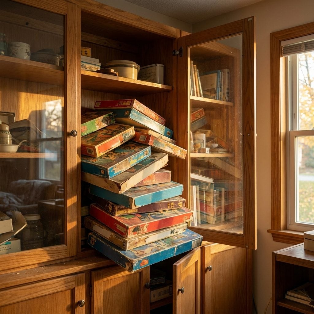 Board Games Stacked in the Cabinet Nobody Could Close Properly