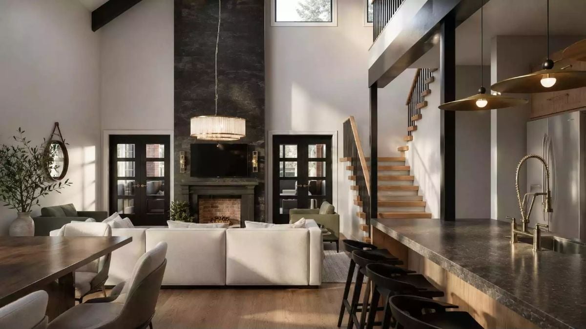 Brass Fixtures and a Stone Fireplace Column That Goes All the Way Up