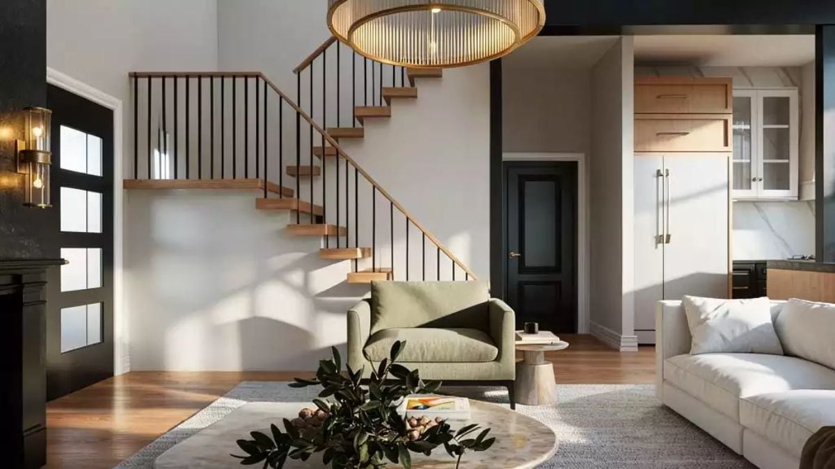 Floating Oak Stairs and a Sage Armchair Walk Into a Living Room
