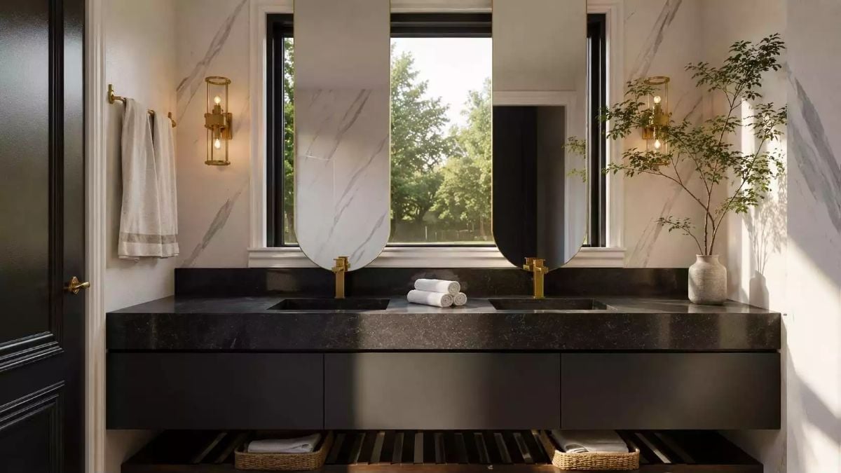 Oval Mirrors and Black Granite Vanity That Earn Every Inch of Counter Space