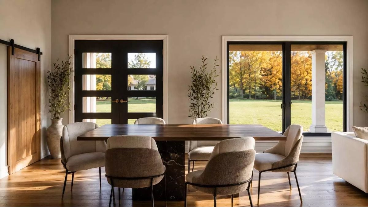 Walnut Table, Marble Base, and Autumn Trees Doing All the Decorating