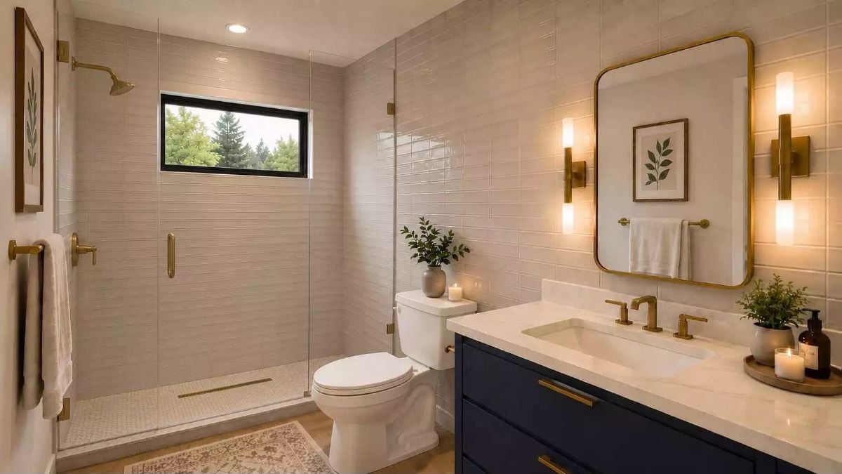 Brass Fixtures and Navy Cabinetry Make This Bathroom Work Harder Than It Looks