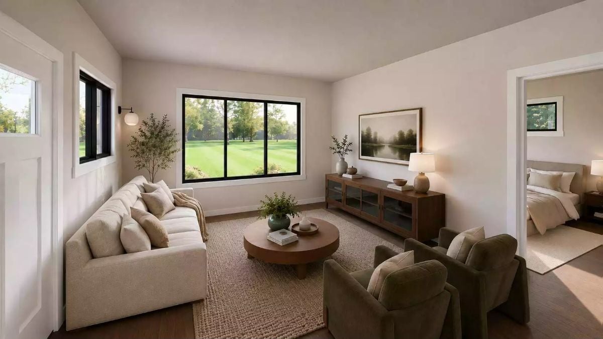 Olive Chairs and a Round Wood Table Pull This Living Room Back to Earth
