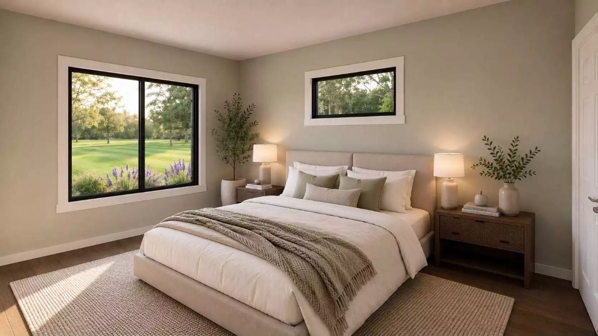 Sage Pillows and a Knit Throw Make This Bedroom Feel Like a Long Weekend Away