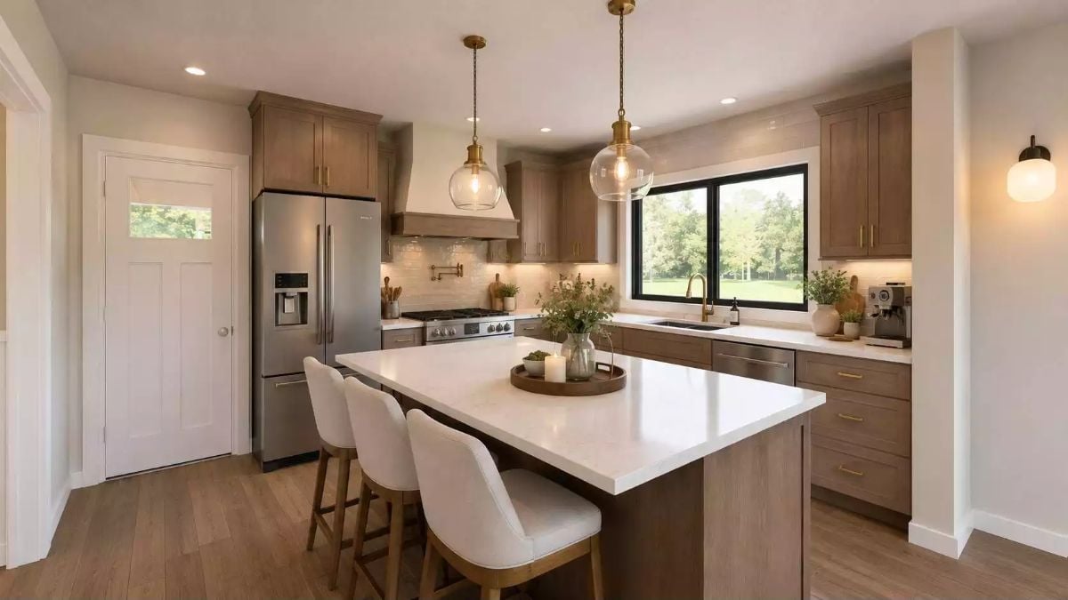 Warm Wood Cabinets and Brass Hardware Make This Kitchen Feel Earned, Not Staged