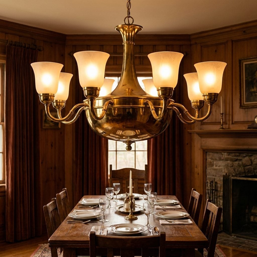 Brass-and-Glass Light Fixtures Hanging Over Every Dining Table