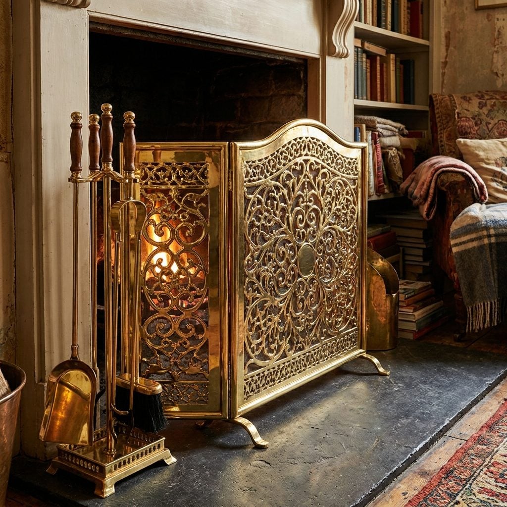 The Brass Fireplace Screen and the Matching Tool Set Nobody Touched