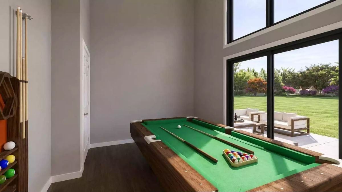 Billiards Room with a Cue Rack, Triangle Racked Balls, and a Backyard That Pulls Focus