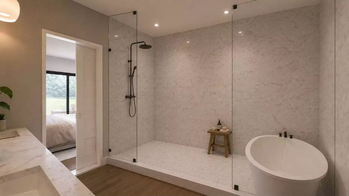 Freestanding Tub Tucked Inside the Shower Enclosure Changes the Whole Equation