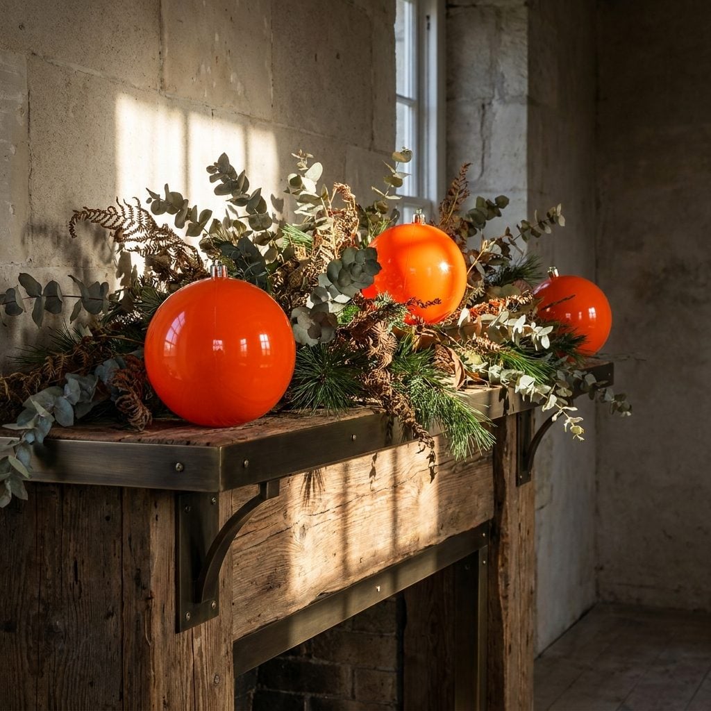 Marble fireplace with a natural cedar garland holding three glossy bright plastic ornaments.
